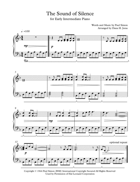 Free Sheet Music The Sound Of Silence For Early Intermediate Piano