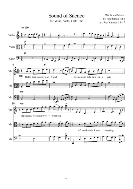 Free Sheet Music The Sound Of Silence For Violin Viola Cello Trio