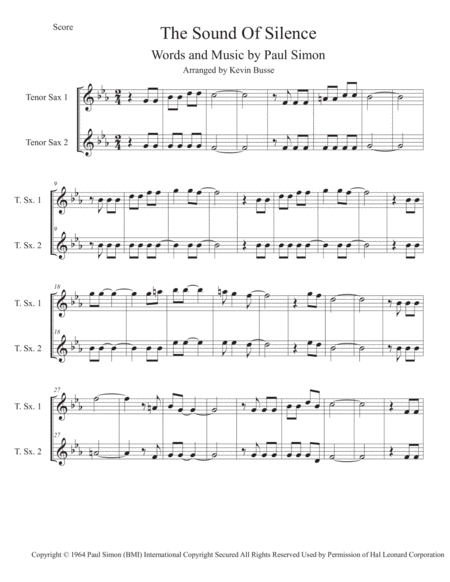 Free Sheet Music The Sound Of Silence Original Key Tenor Sax Duet