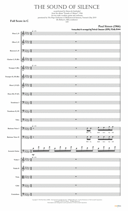 The Sound Of Silence Simon Garfunkel For Two Male Vocalists Acoustic Guitar Full Orchestra Sheet Music