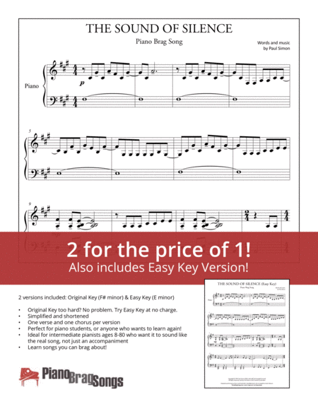 The Sound Of Silence Simplified And Easy Key Piano Solos Sheet Music