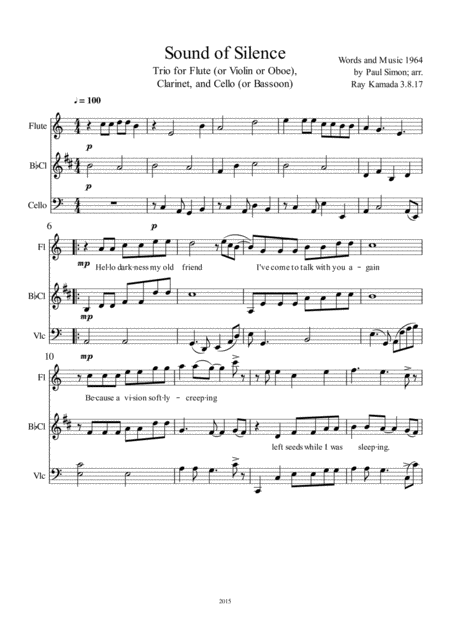 The Sound Of Silence Trio For Flute Or Violin Or Oboe Clarinet And Cello Or Bassoon Sheet Music