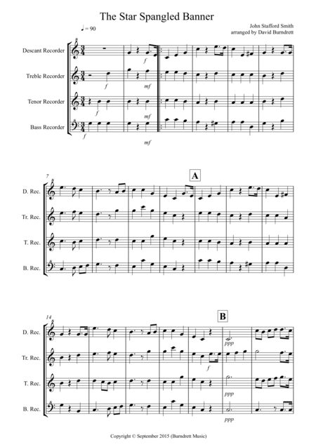 Free Sheet Music The Star Spangled Banner For Recorder Quartet