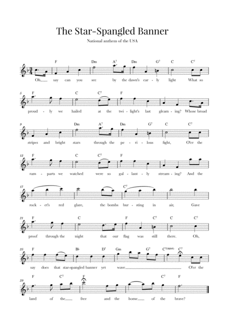 Free Sheet Music The Star Spangled Banner National Anthem Of The Usa With Lyrics F Major
