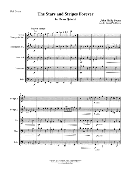 The Stars And Stripes Forever March For Brass Quintet Sheet Music