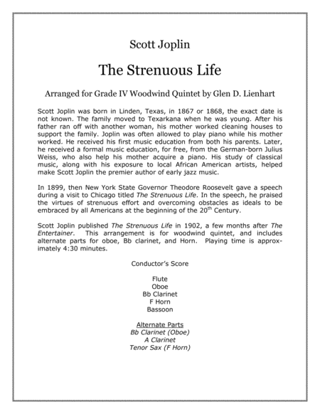 Free Sheet Music The Strenuous Life A Ragtime Two Step