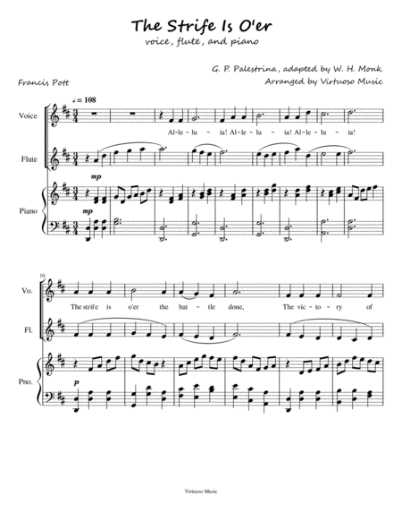 Free Sheet Music The Strife Is O Er By G Palestrina Easter Hymn Easy Arrangement For Voice Flute And Piano
