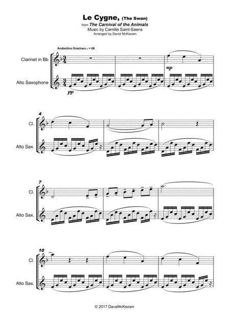 The Swan Le Cygne By Saint Saens Duet For Clarinet And Alto Saxophone Sheet Music