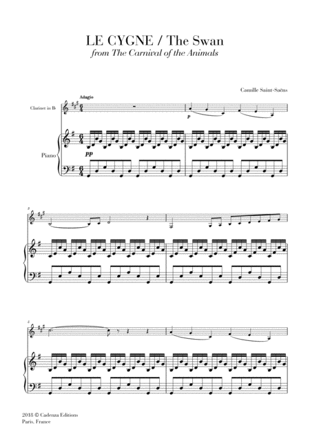 Free Sheet Music The Swan Le Cygne From The Carnival Of The Animals For Clarinet In Bb And Piano
