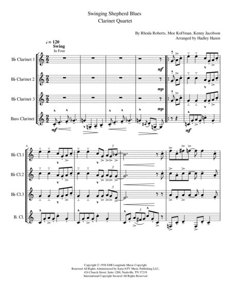 The Swingin Shepherd Blues For Clarinet Quartet Sheet Music