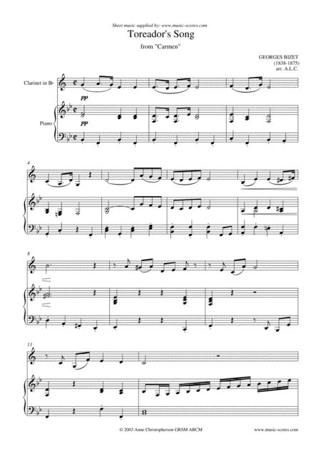 The Toreador Song From Carmen Short Version Clarinet And Piano Sheet Music