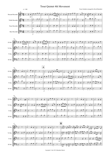 The Trout 4th Movement For Recorder Quartet Sheet Music