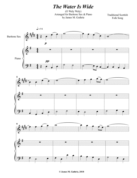 The Water Is Wide For Baritone Sax Piano Sheet Music