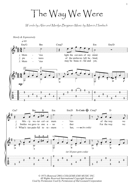 Free Sheet Music The Way We Were Guitar Fingerstyle