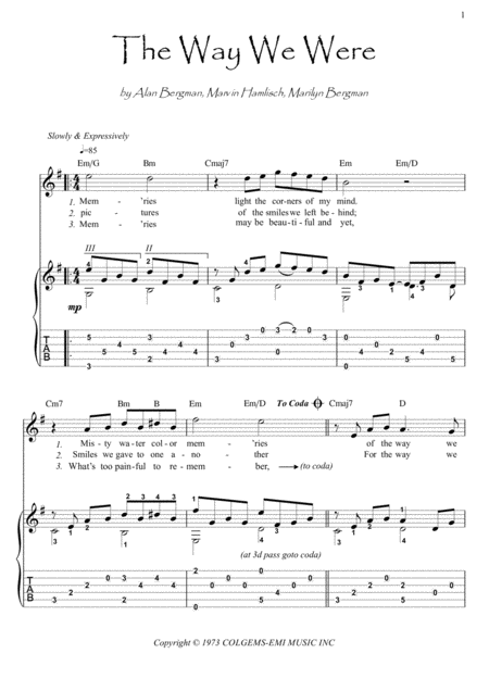 The Way We Were Theme Guitar Tab Sheet Music