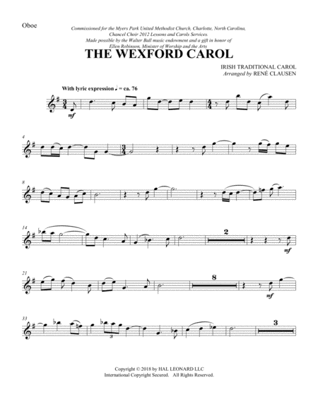 The Wexford Carol Arr Rene Clausen Oboe Sheet Music