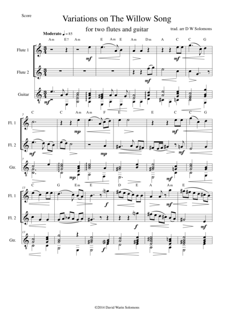 Free Sheet Music The Willow Song For 2 Flutes And Guitar