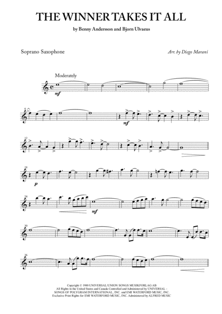 The Winner Takes It All By Abba For Saxophone Quartet Sheet Music