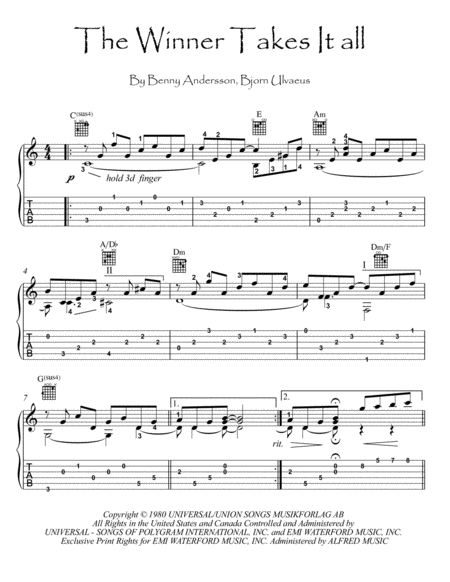 The Winner Takes It All Guitar Solo Sheet Music