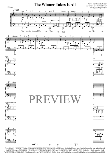 Free Sheet Music The Winner Takes It All Piano Based On The Original Abba Recording