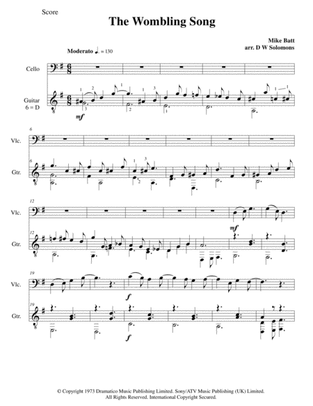 The Wombling Song Arranged For Cello And Classical Guitar Sheet Music