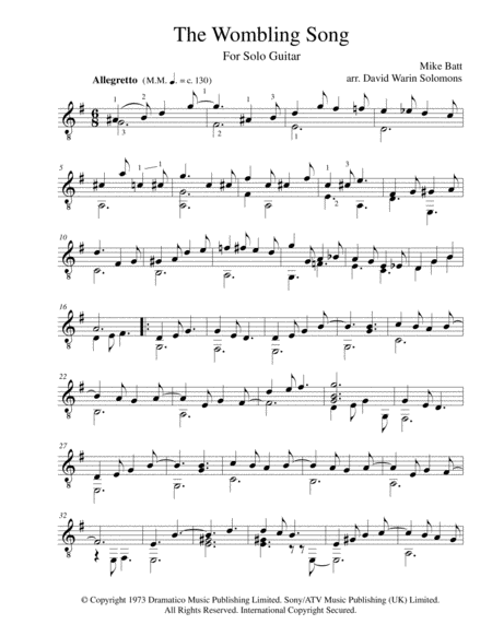 The Wombling Song Arranged For Classical Guitar Sheet Music