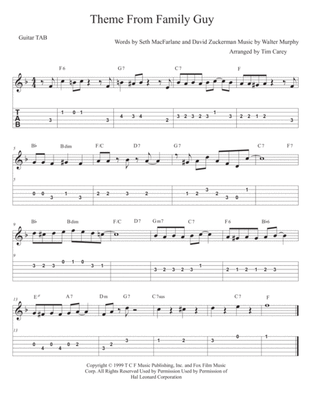 Theme From Family Guy Guitar Solo Duet W Tab Sheet Music