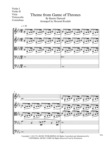 Theme From Game Of Thrones For String Quintet Sheet Music