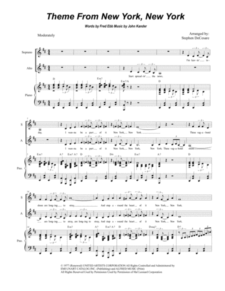 Theme From New York New York Duet For Soprano And Alto Solo Sheet Music