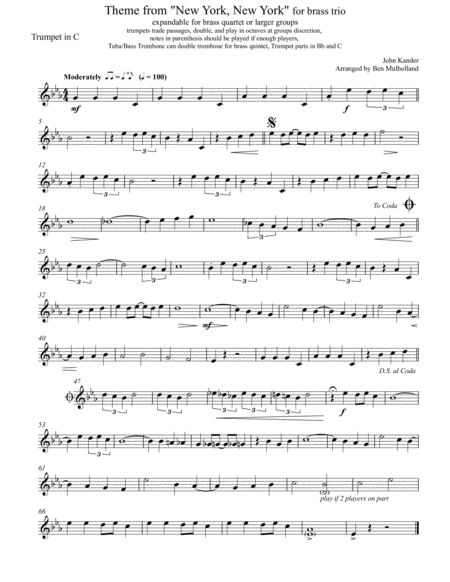 Theme From New York New York For Brass Trio Sheet Music