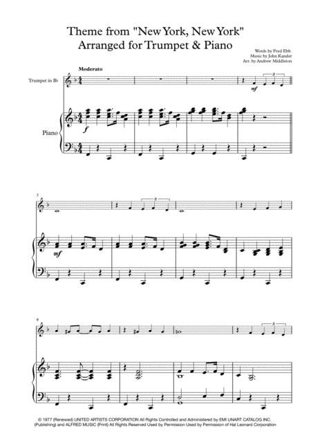 Theme From New York New York For Trumpet And Piano Sheet Music