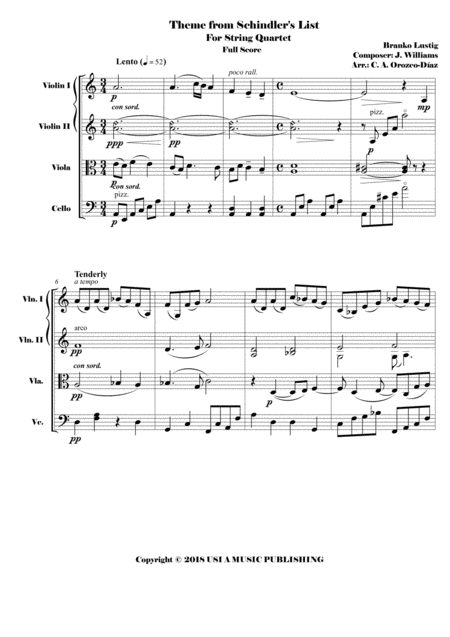 Theme From Schindlers List For String Quartet Sheet Music