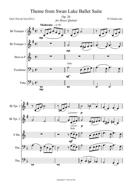 Theme From Swan Lake Op 20 Pi Tchaikovsky Brass Quintet Sheet Music