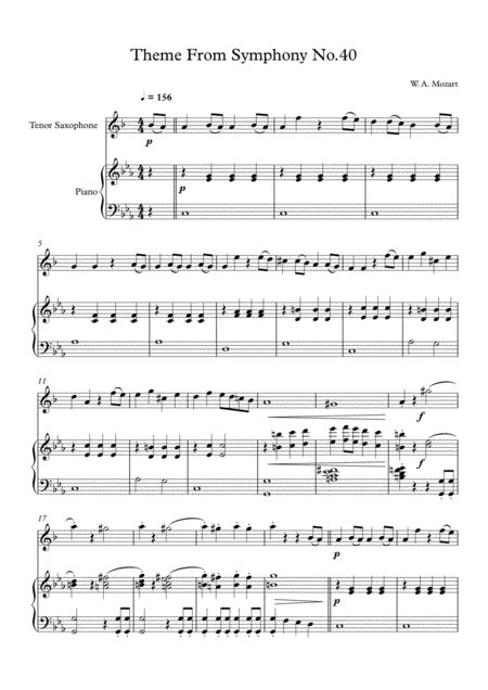 Theme From Symphony No 40 Wolfgang Amadeus Mozart For Tenor Saxophone Piano Sheet Music