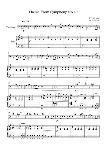 Theme From Symphony No 40 Wolfgang Amadeus Mozart For Trombone Piano Sheet Music