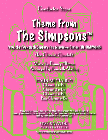 Theme From The Simpsons Tm From The Twentieth Century Fox Television Series The Simpsons For Clarinet Quartet Sheet Music