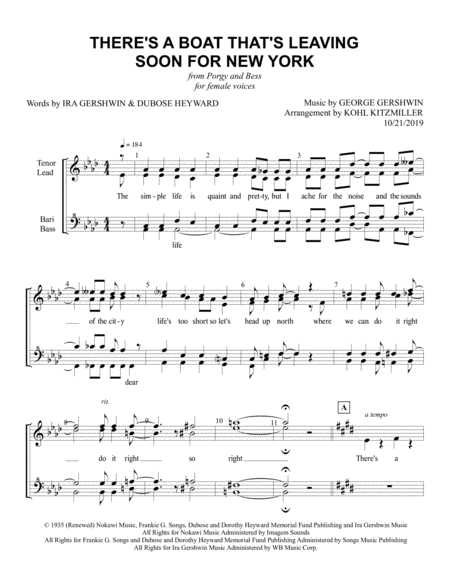 Free Sheet Music Theres A Boat Thats Leavin Soon For New York Ssaa