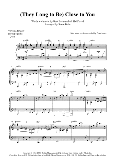 Free Sheet Music They Long To Be Close To You Solo Piano