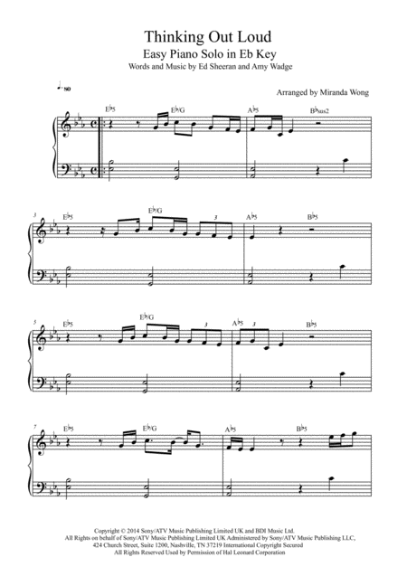 Thinking Out Loud Easy Piano Solo In Eb Key With Chords Sheet Music