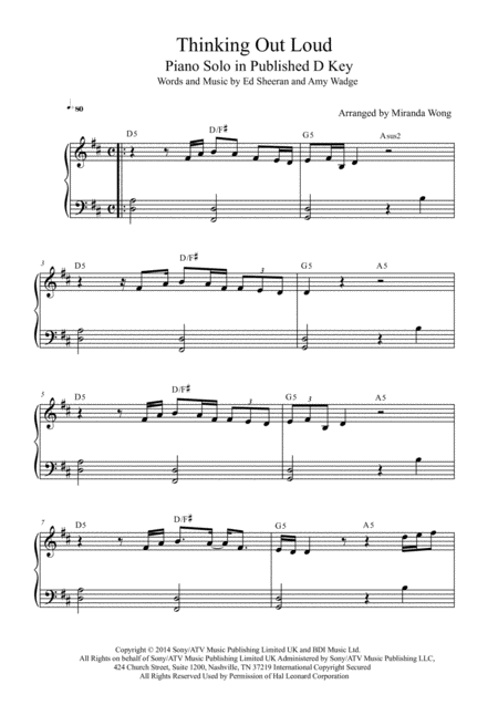 Thinking Out Loud Easy Piano Solo In Published D Key With Chords Sheet Music