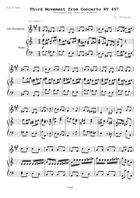 Third Movement From Concerto Rv 497 Arranged For Alto Saxophone Sheet Music