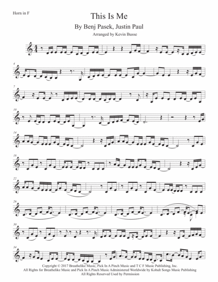 Free Sheet Music This Is Me Easy Key Of C Horn In F