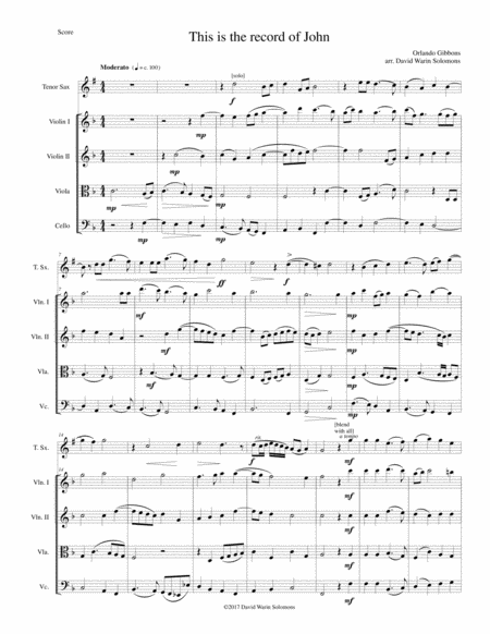 This Is The Record Of John For Tenor Saxophone And String Quartet Sheet Music