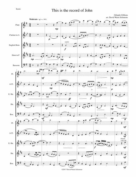 This Is The Record Of John For Wind Quintet With Flute Clarinet In A Cor Anglais Horn And Bassoon Sheet Music