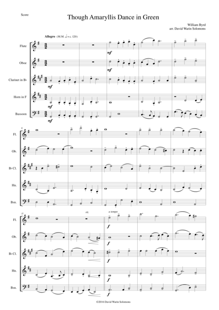 Free Sheet Music Though Amaryllis Dance In Green For Wind Quintet