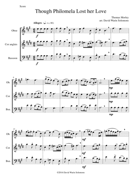 Though Philomela Lost Her Love For Double Reed Trio Oboe Cor Anglais Bassoon Sheet Music