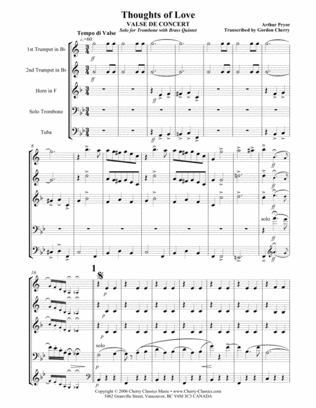 Free Sheet Music Thoughts Of Love For Brass Quintet Featuring Solo Trombone