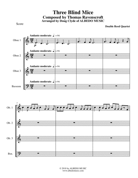 Three Blind Mice For Double Reed Quartet Sheet Music