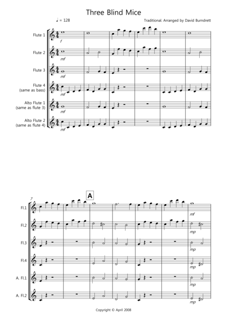 Three Blind Mice For Flute Quartet Sheet Music