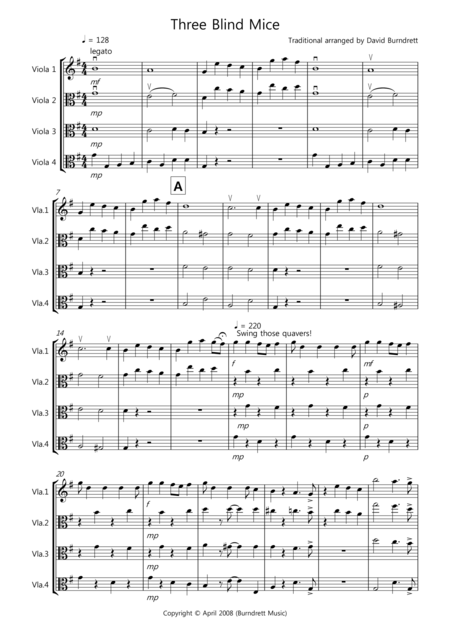 Free Sheet Music Three Blind Mice For Viola Quartet